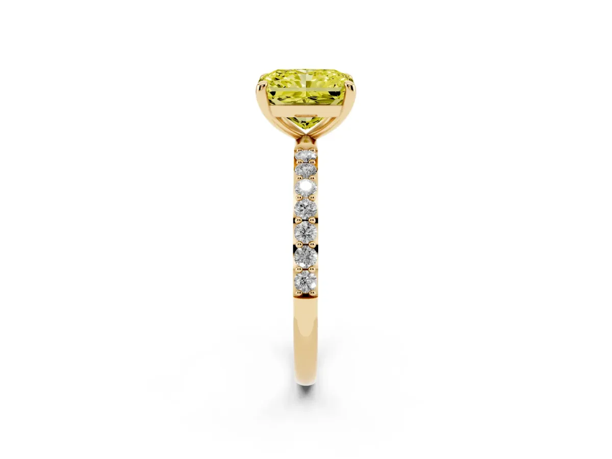 Fancy Yellow Radiant Cut Diamond Solitaire Ring with Round Pavé Band and Prong Setting Yellow gold