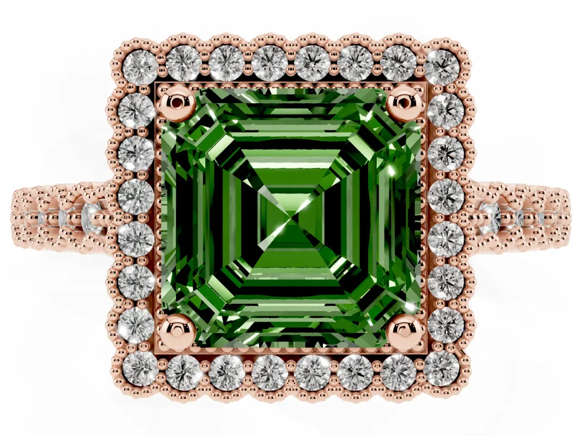 Fancy Green Asscher Cut Cut Halo Pavé Solitaire Ring with Milgrain Band Rose gold