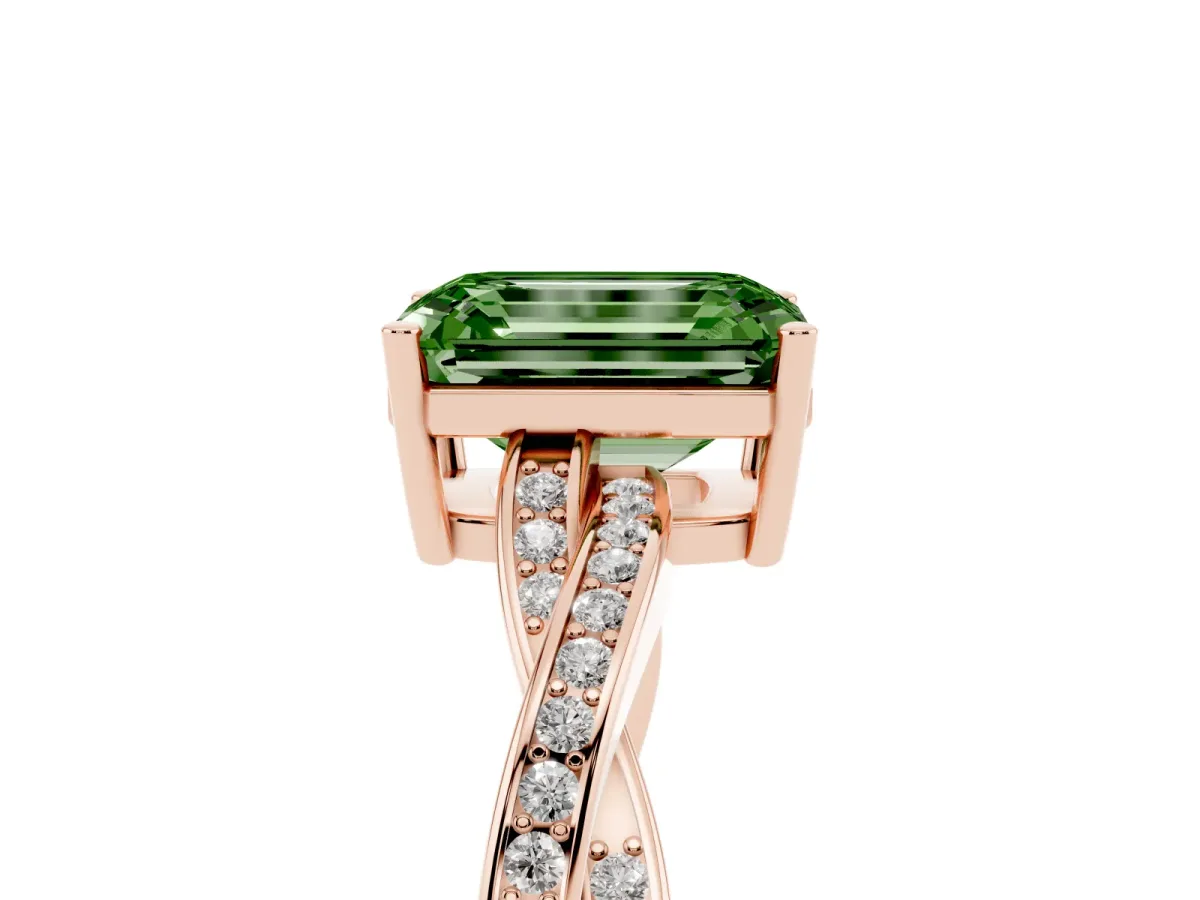 Fancy Green Emerald Cut Solitaire Twisted Pave Diamond Ring with Four-Prong Setting Rose gold