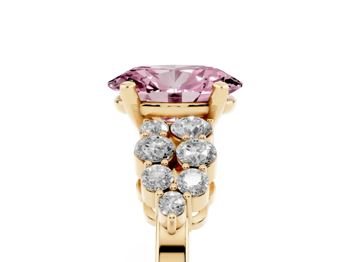 Fancy Pink Oval Cut Cluster Diamond Engagement Ring with Pavé Band and Four-Prong Setting Yellow gold
