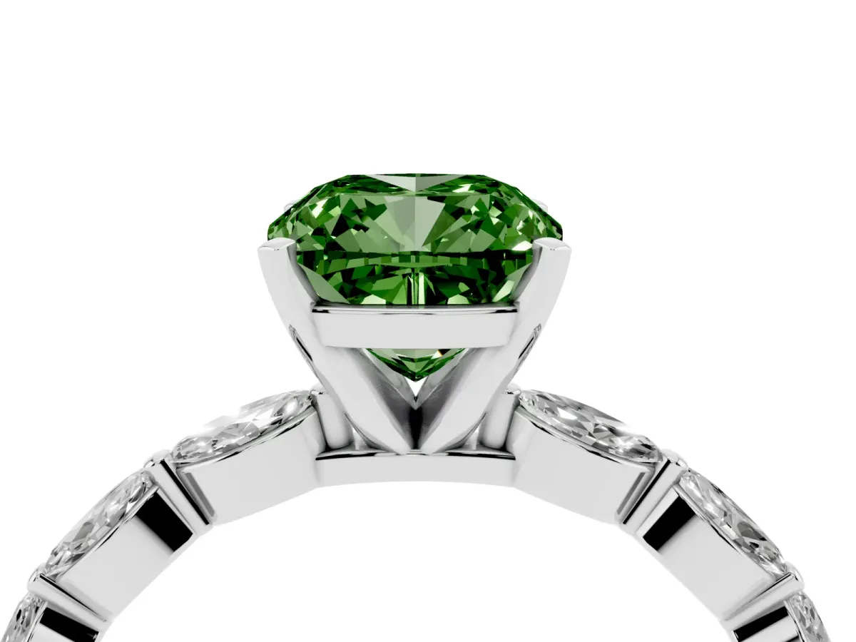 Fancy Green Cushion Cut Diamond Ring with Marquise Side Stones and Prong Setting Platinum