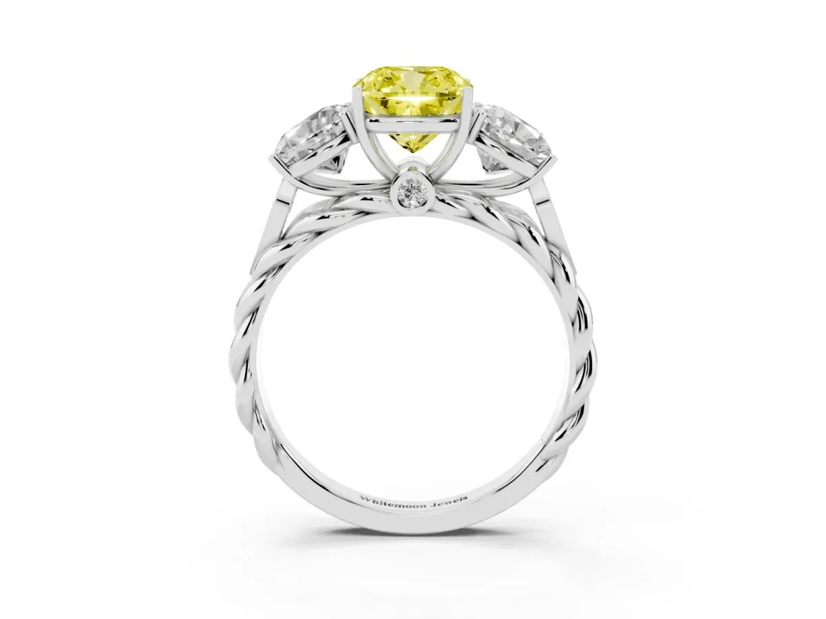 Fancy Yellow Three-Stone Cushion Cut Diamond Braided Band Ring with Four-Prong Setting Silver