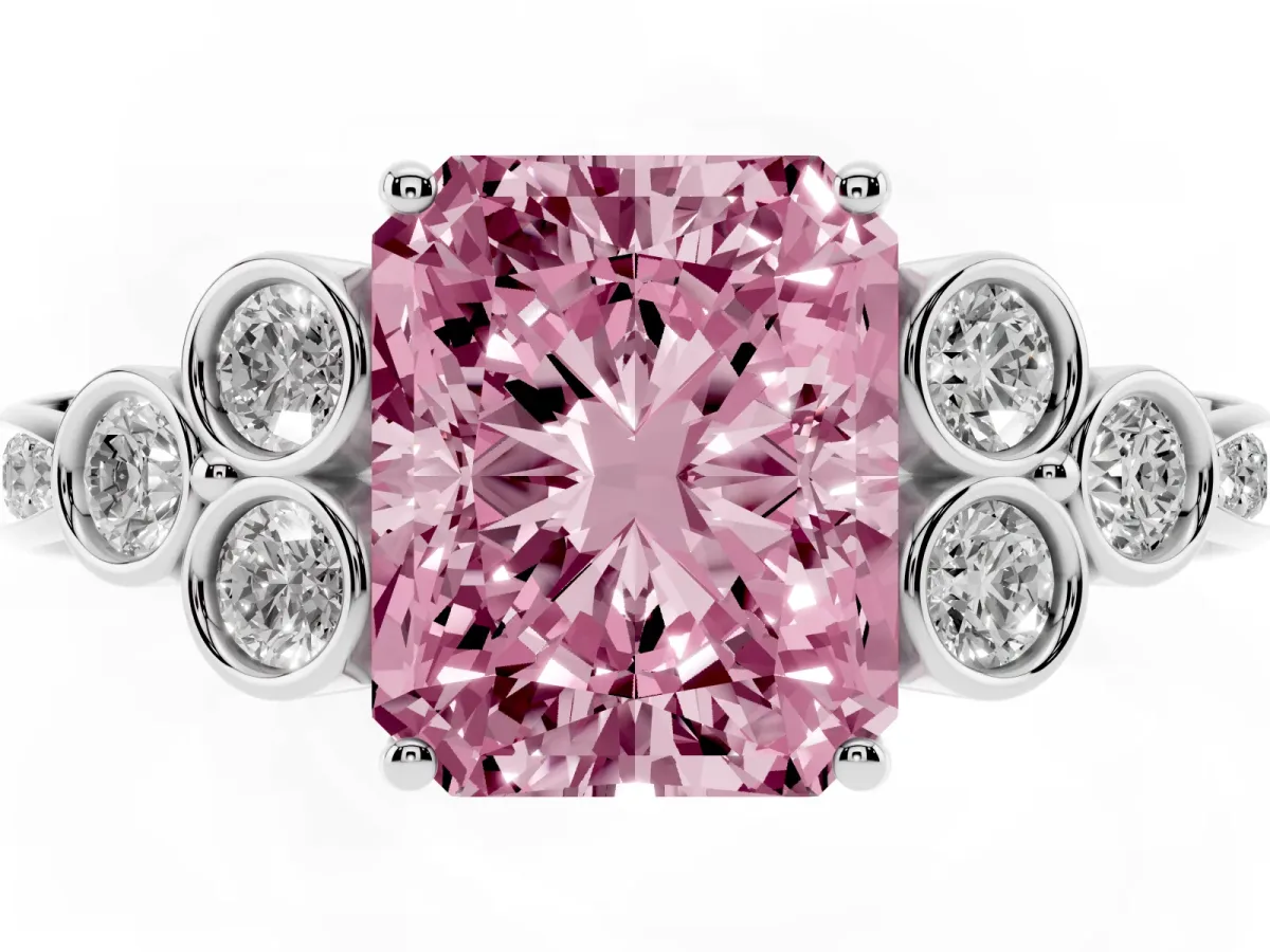 Fancy Pink Radiant Cut Cut Diamond Engagement Ring with Bezel Set Round Side Stones and Prong Setting Silver