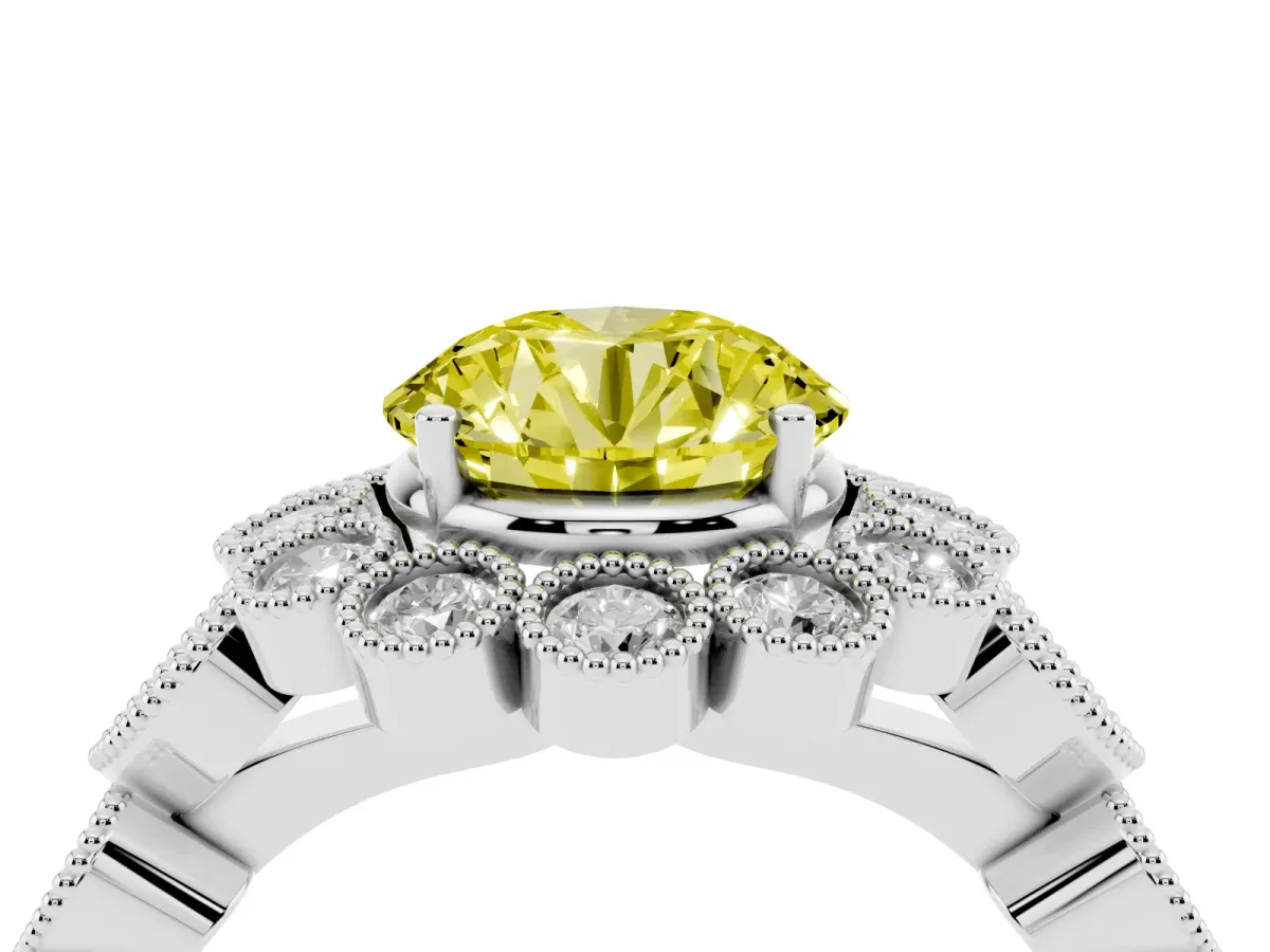 Fancy Yellow Round Cut Brilliant Milgrain Pave Heart Band Solitaire Ring Silver