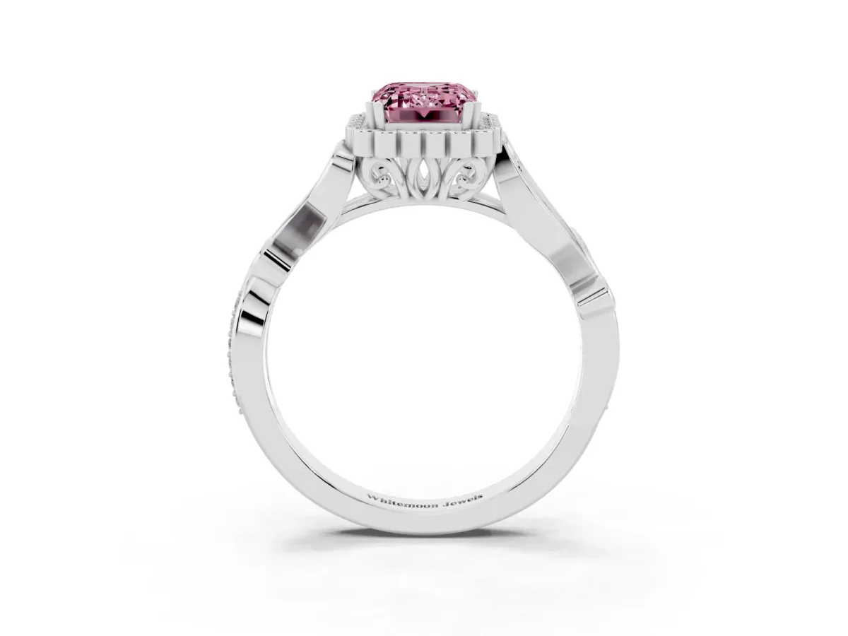 Fancy Pink Emerald Cut Diamond Halo Ring with Vintage Split Shank and Four-Prong Setting Silver