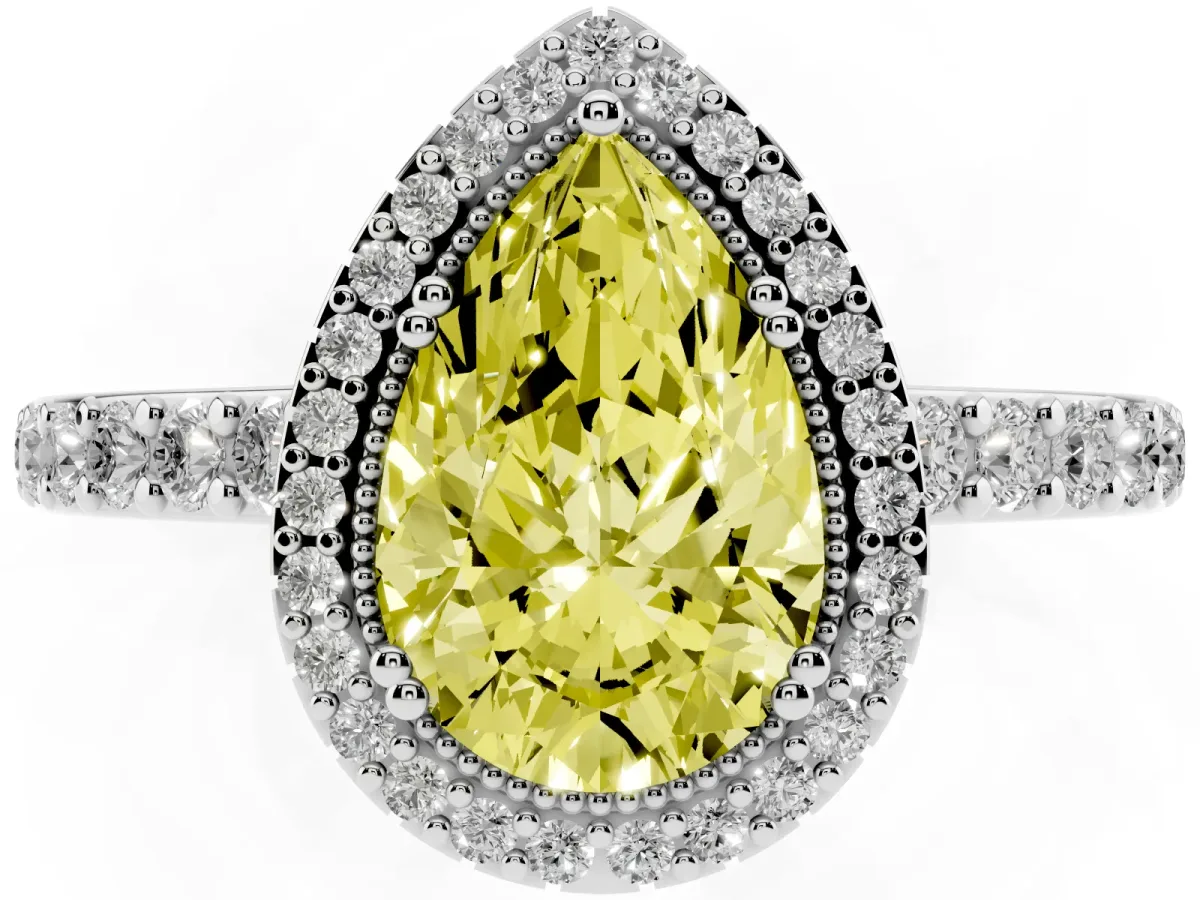 Fancy Yellow Pear Cut Cut Diamond Halo Engagement Ring with Milgrain Detail and Pavé Band Silver