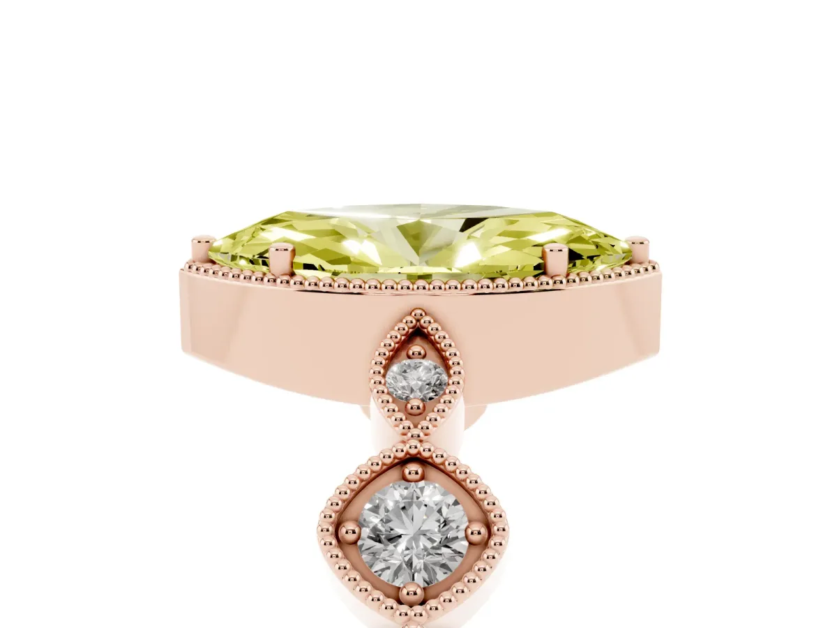Fancy Yellow Marquise Cut Diamond Vintage Milgrain Ring with Round Stations Rose gold