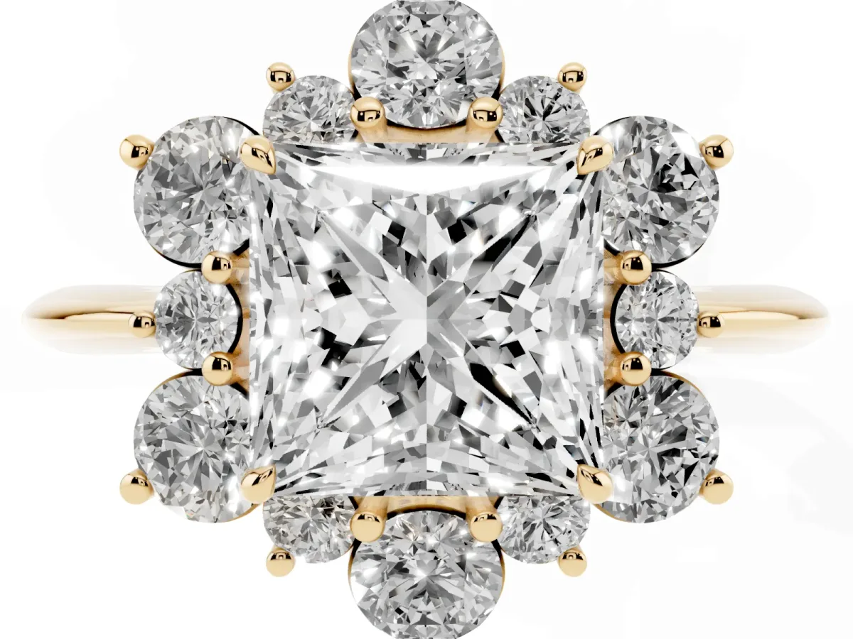 Princess Cut Diamond Cluster Halo Ring with Solitaire Band and Four-Prong Setting Yellow gold