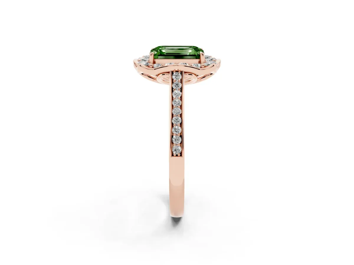 Fancy Green Emerald Cut Halo Round Diamond Pave Band with Four-Prong Setting Rose gold