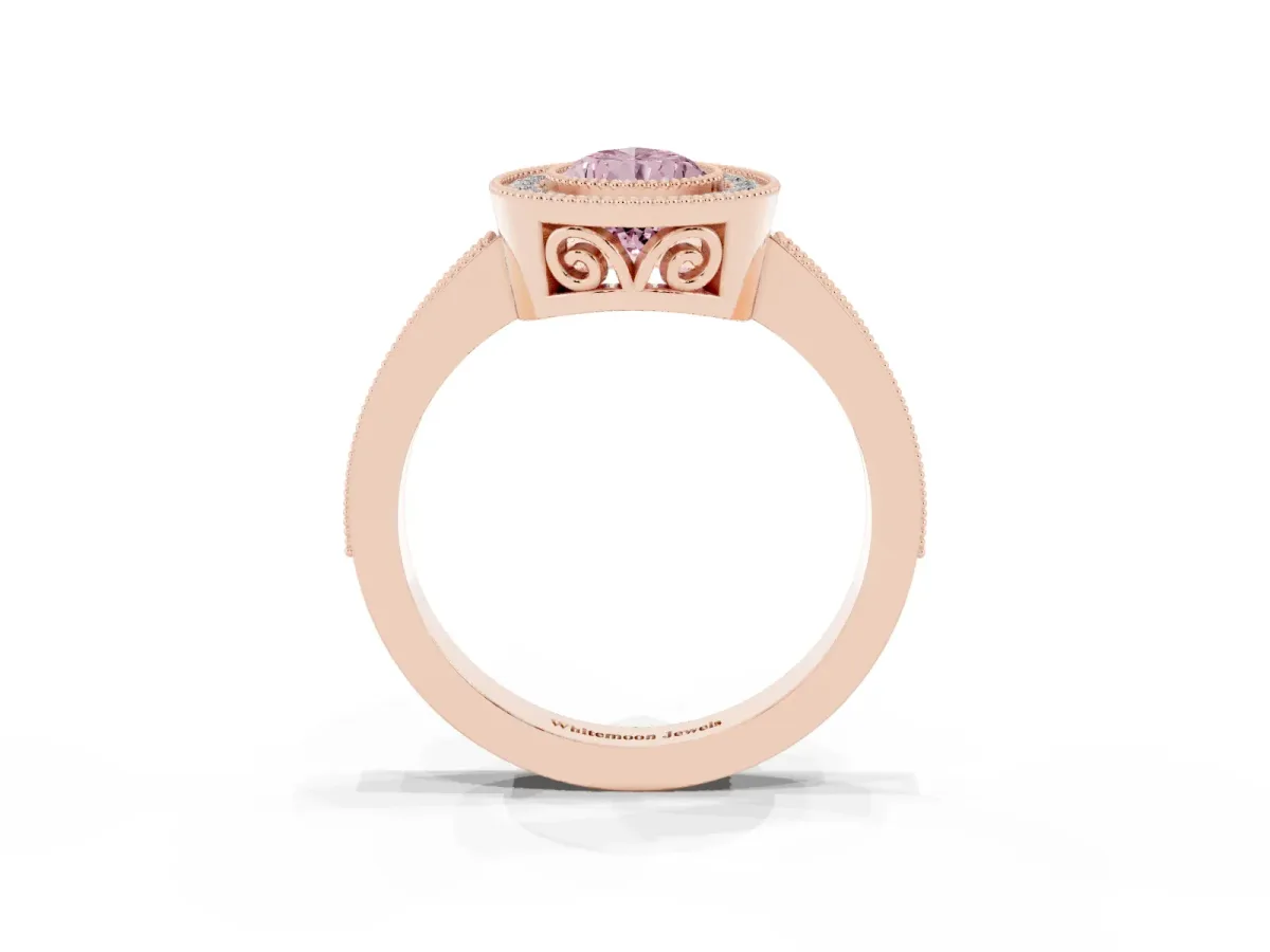 Fancy Pink Pear Cut Cut Halo Diamond Ring with Pavé Band and Milgrain Prong Setting Rose gold