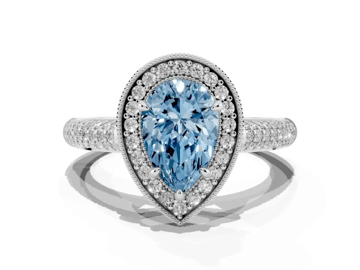 Fancy Blue Pear Cut Cut Halo Diamond Pave Band with Four-Prong Setting Silver