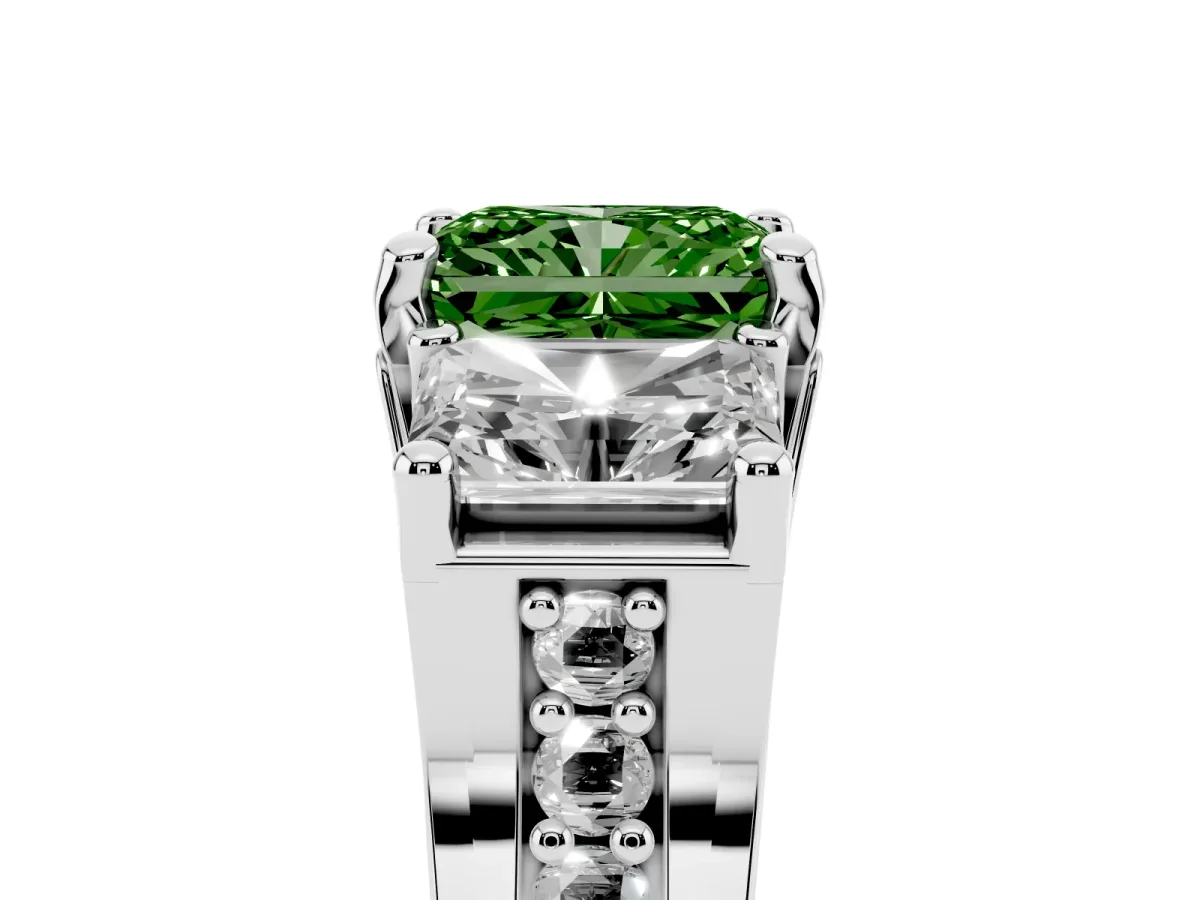 Fancy Green Radiant Cut Diamond Three-Stone Ring with Channel Set Band and Four-Prong Setting Silver