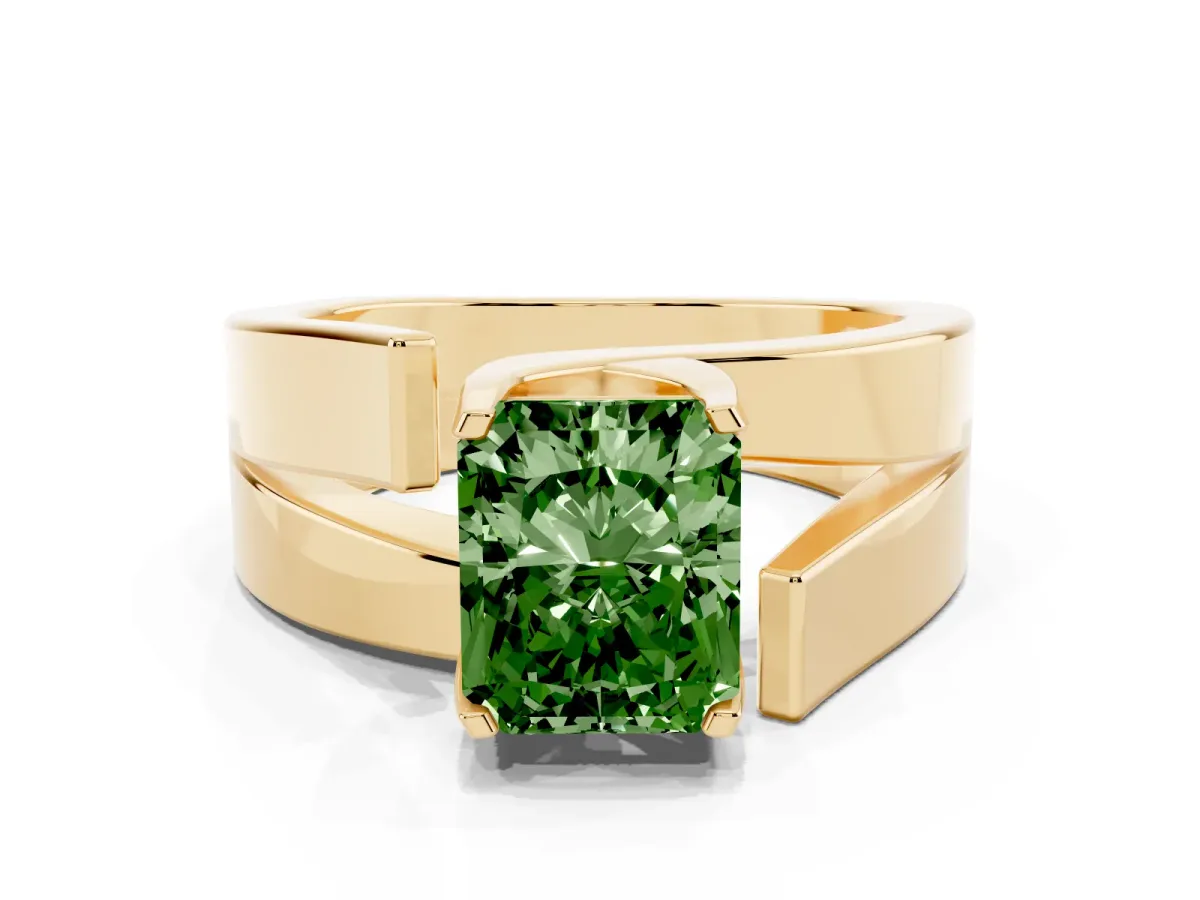 Fancy Green Modern Tension Set Radiant Cut Diamond Solitaire Wide Band Ring Yellow gold
