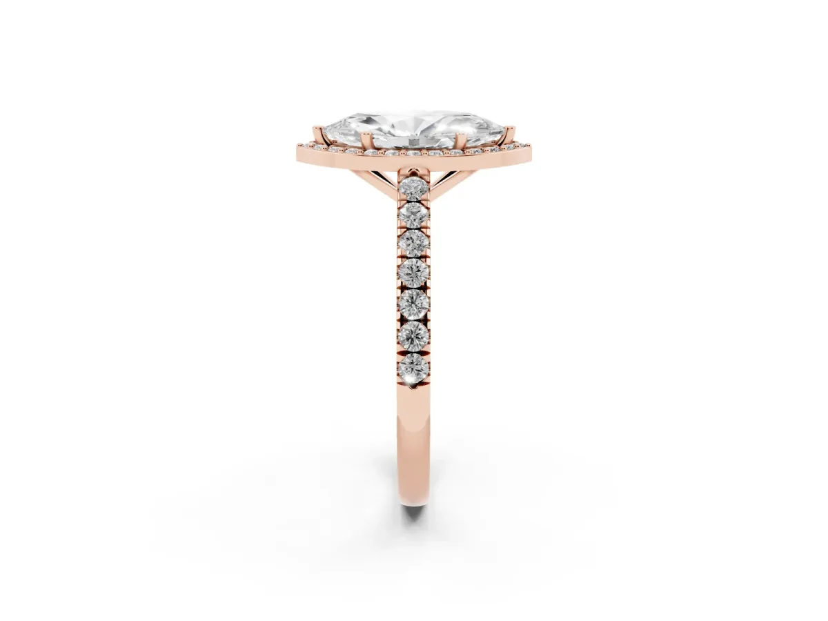 Marquise Cut Cut Halo Diamond Engagement Ring with Pave Band and Four-Prong Setting Rose gold