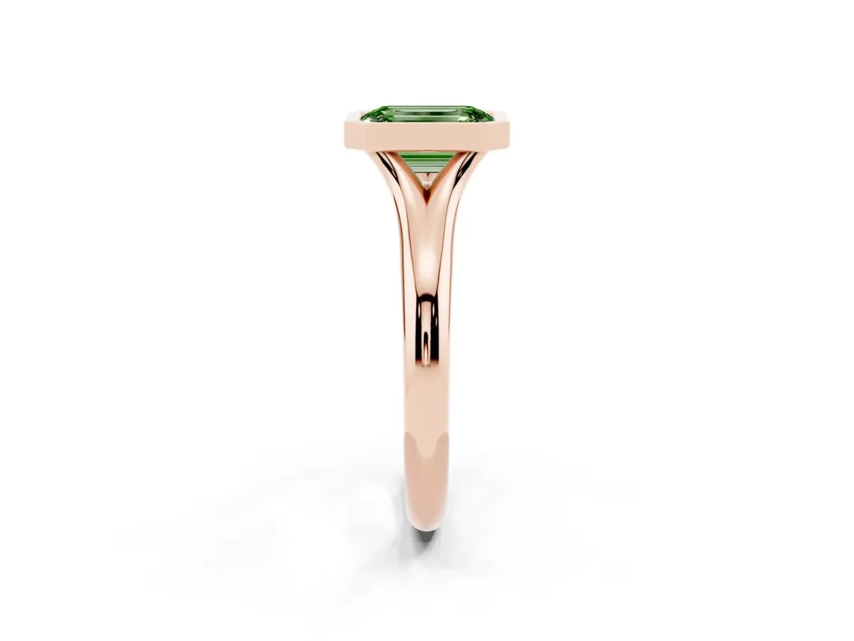 Fancy Green Bezel Set Emerald Cut Solitaire Diamond Ring with Smooth Band Rose gold