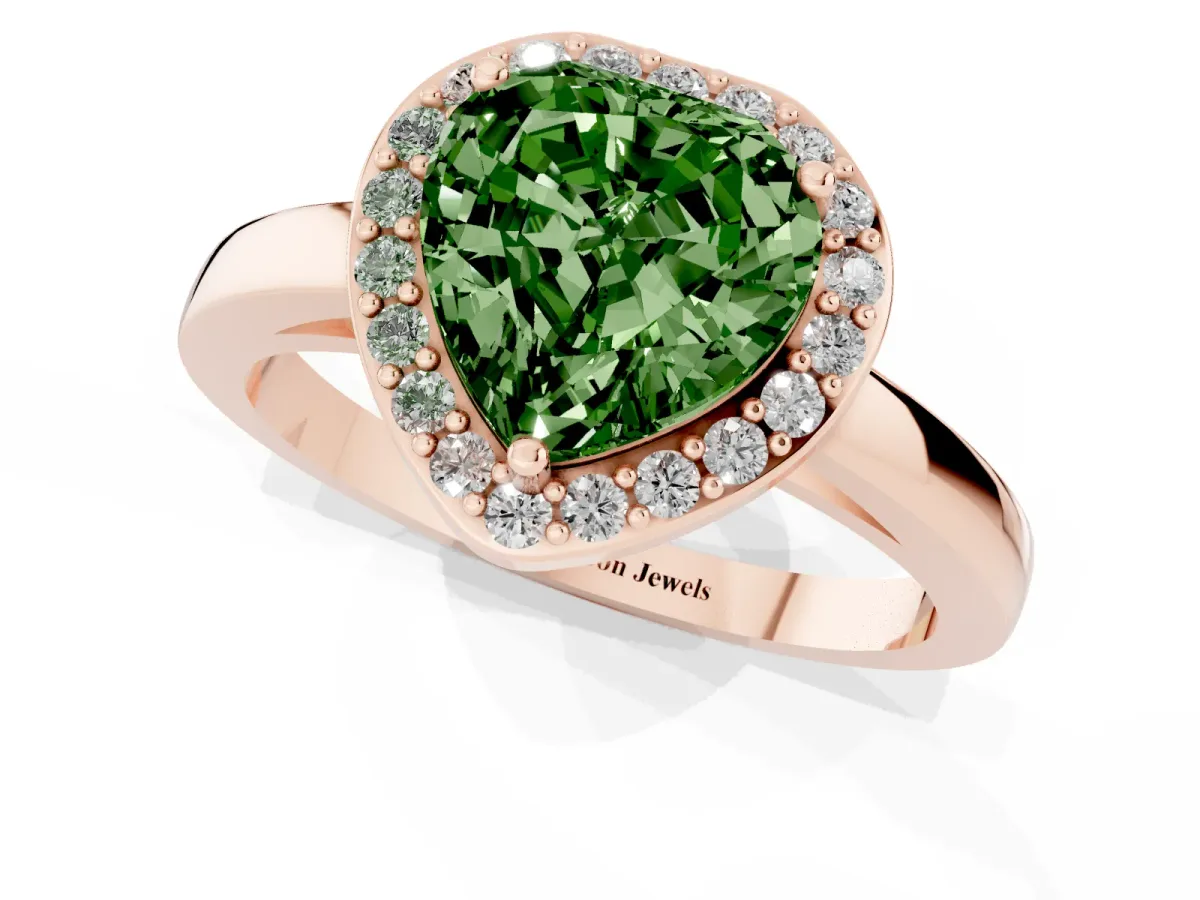Fancy Green Heart Cut Halo Diamond Ring with Solitaire Band and Prong Setting Rose gold