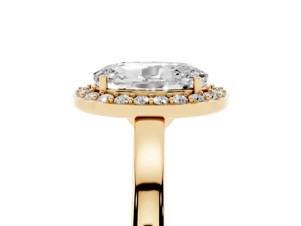 Oval Cut Halo Diamond Ring with Solitaire Band and Prong Setting Yellow gold