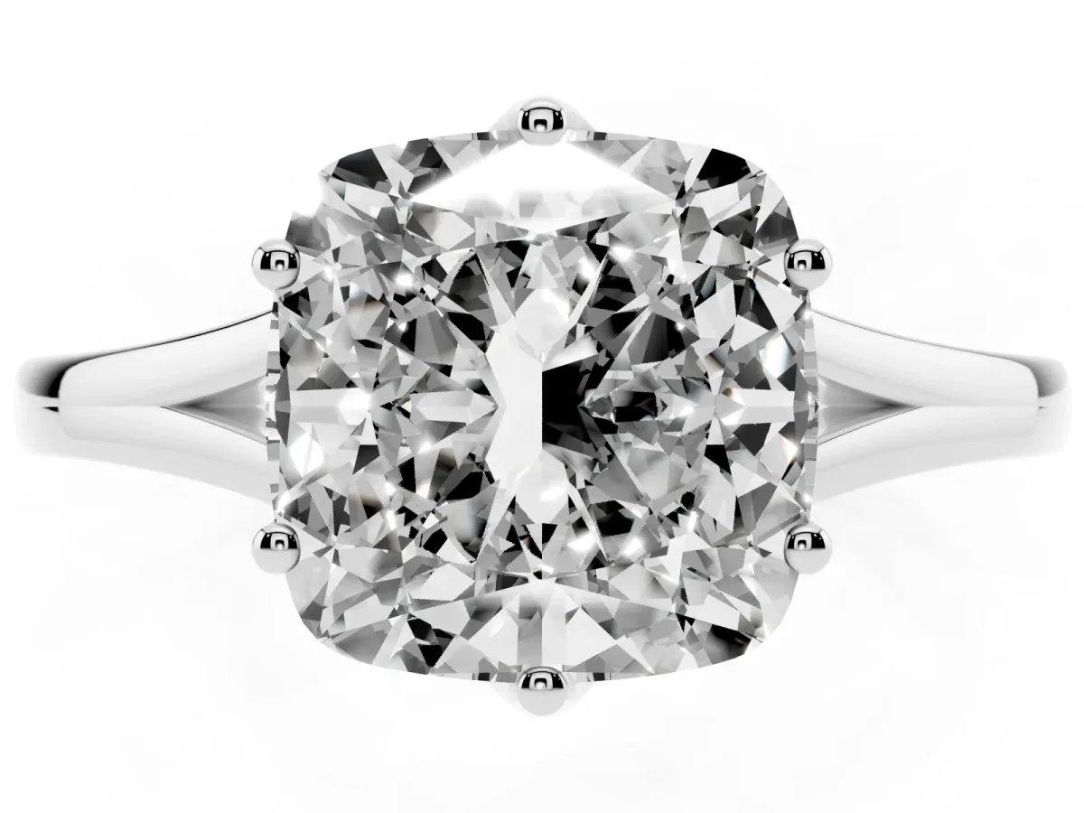 Cushion Cut Solitaire Diamond Ring with Six-Prong Setting and Tapered Band Silver