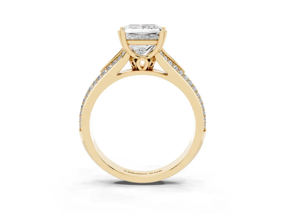 Princess Cut Diamond Split Shank Engagement Ring with Pavé Band Yellow gold
