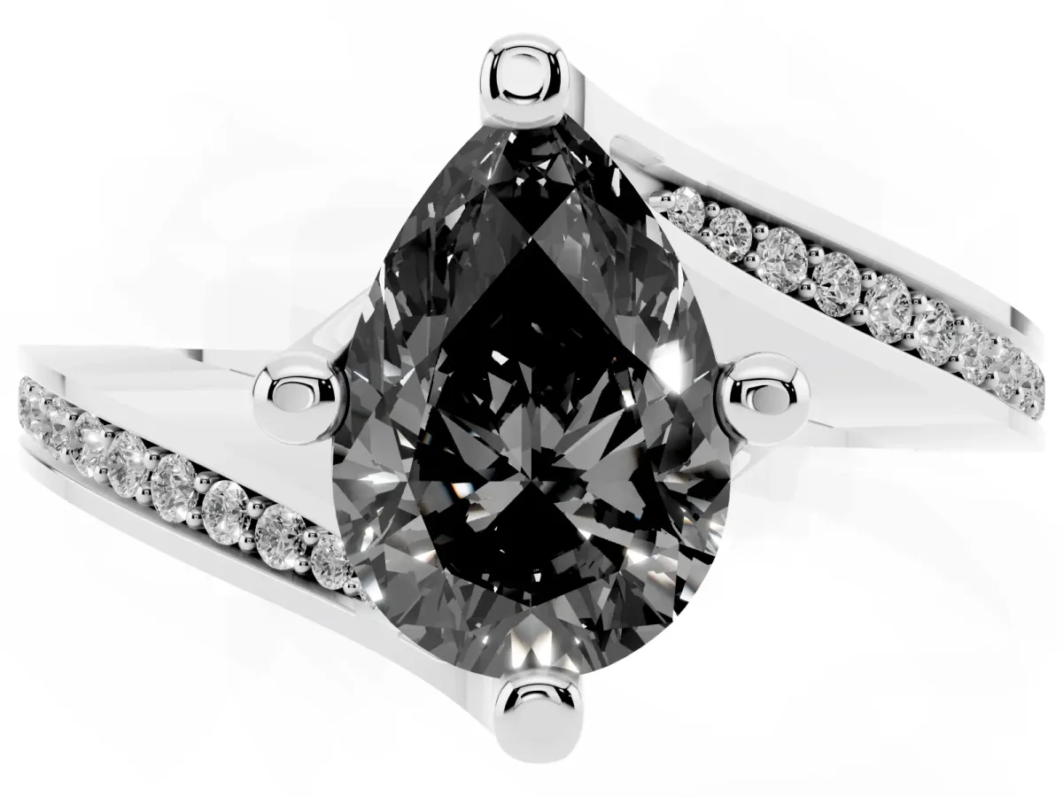 Fancy Black Pear Cut Solitaire Diamond Twist Band with Pavé Setting and Four-Prong Setting Silver