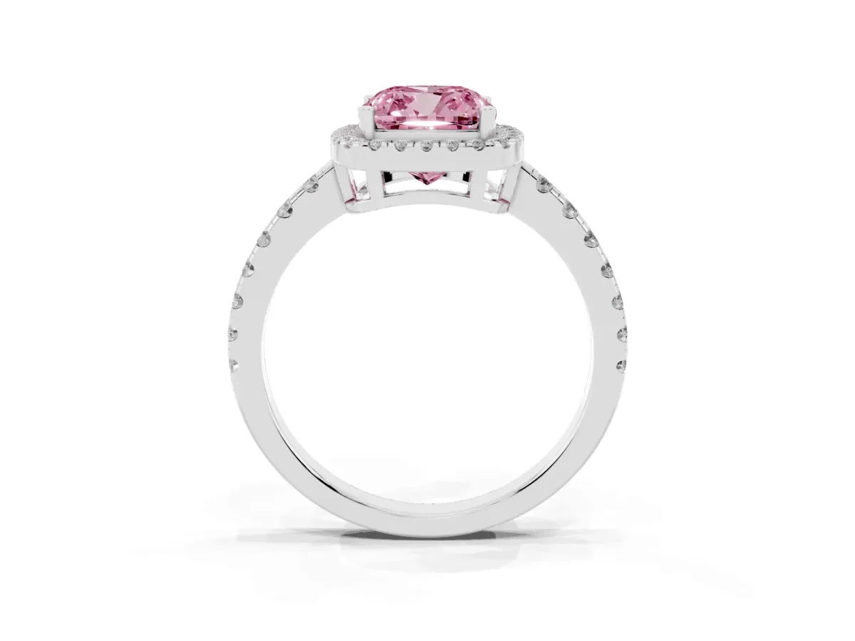Fancy Pink Cushion Cut Diamond Halo Ring with Pavé Band and Four-Prong Setting Platinum