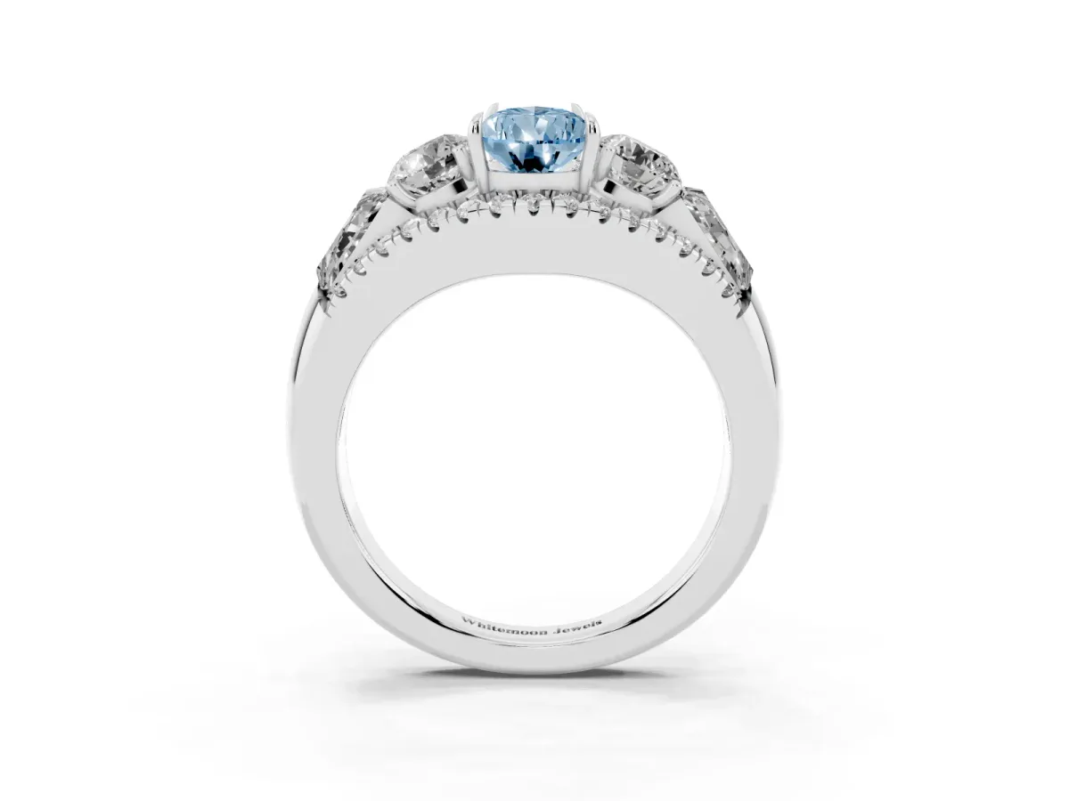 Fancy Blue Three-Stone Pear Cut Diamond Engagement Ring with Pave Band and Prong Setting Silver