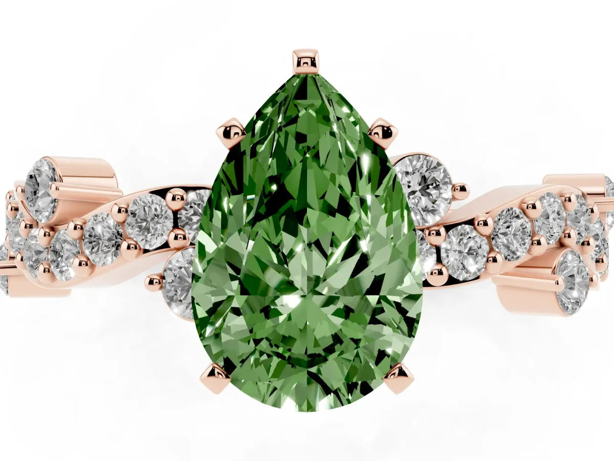 Fancy Green Pear Cut Cut Solitaire Diamond Twisted Band with Pave Setting Rose gold