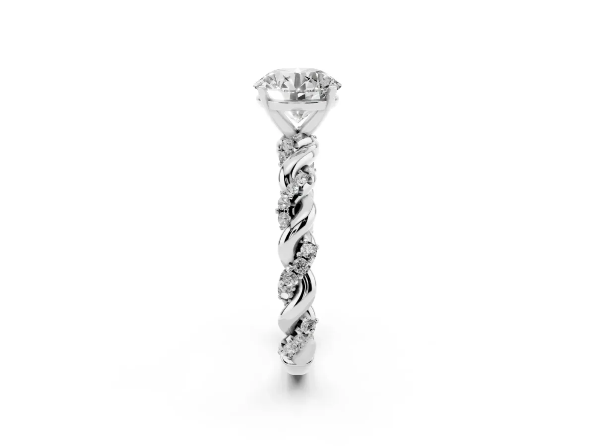 Round Cut Diamond Solitaire Ring with Twisted Band and Pavé Accents White gold