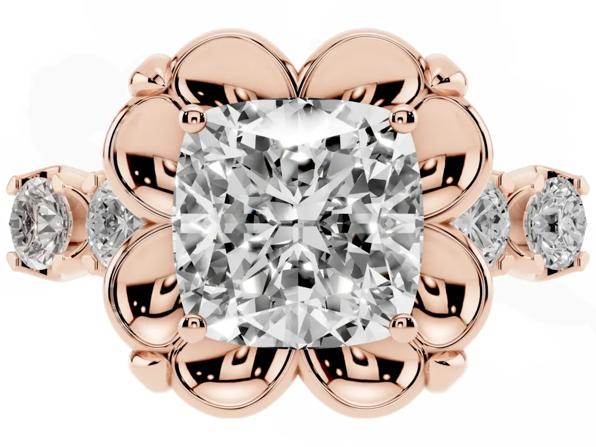 Cushion Cut Cut Diamond Floral Halo Engagement Ring with Shared Prong Setting Rose gold