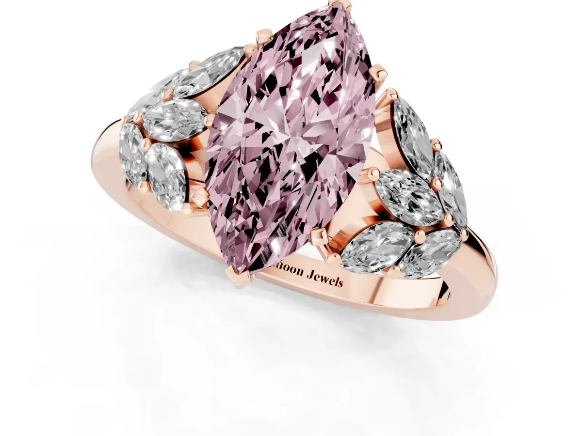 Fancy Pink Marquise Cut Diamond Cluster Leaf Design Ring with Prong Setting Rose gold