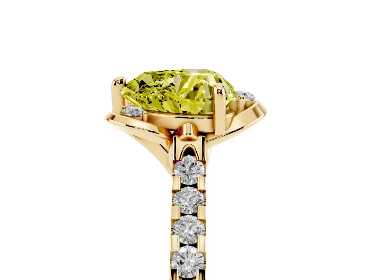Fancy Yellow Heart Cut Diamond Ring with Pavé Band and Floral Prong Setting Yellow gold