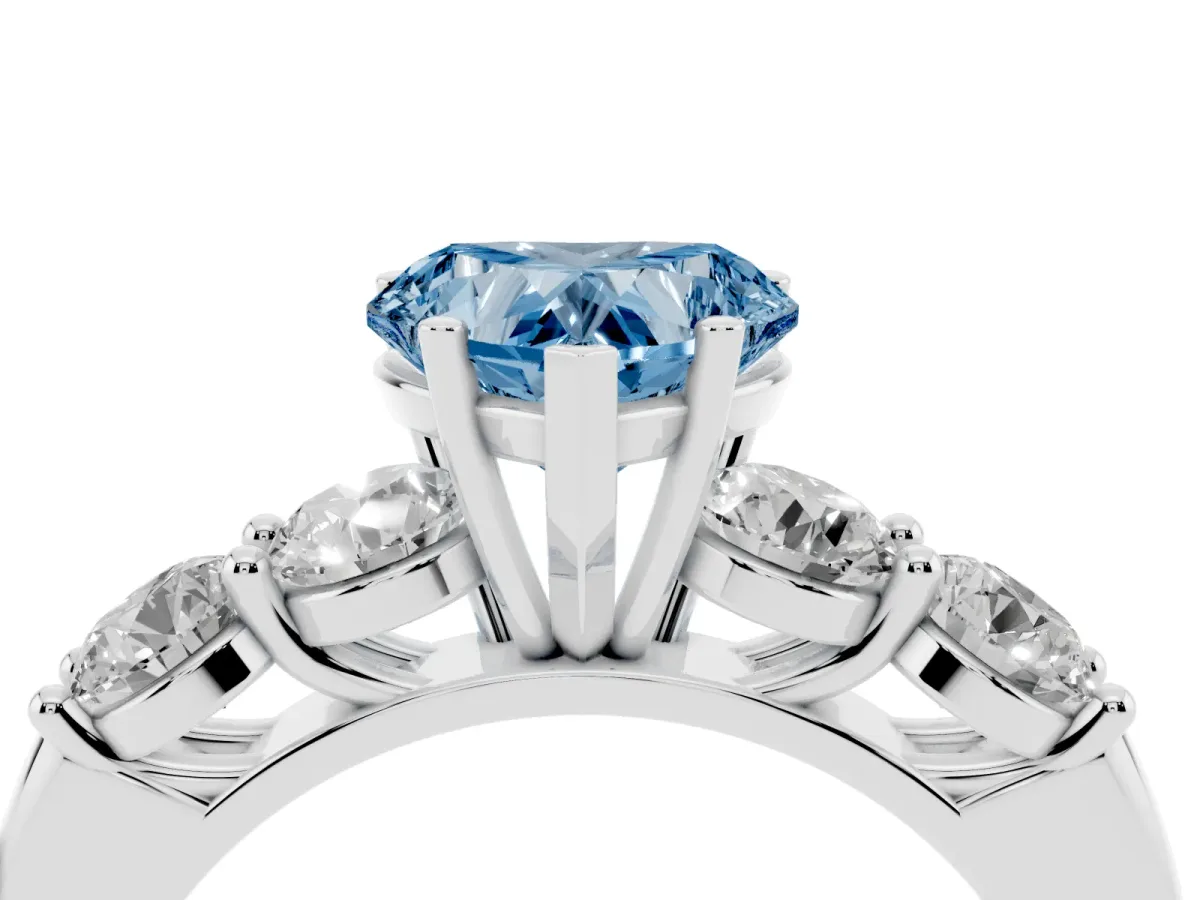 Fancy Blue Heart Cut Cut Five-Stone Prong Set Diamond Ring with Classic Band Silver