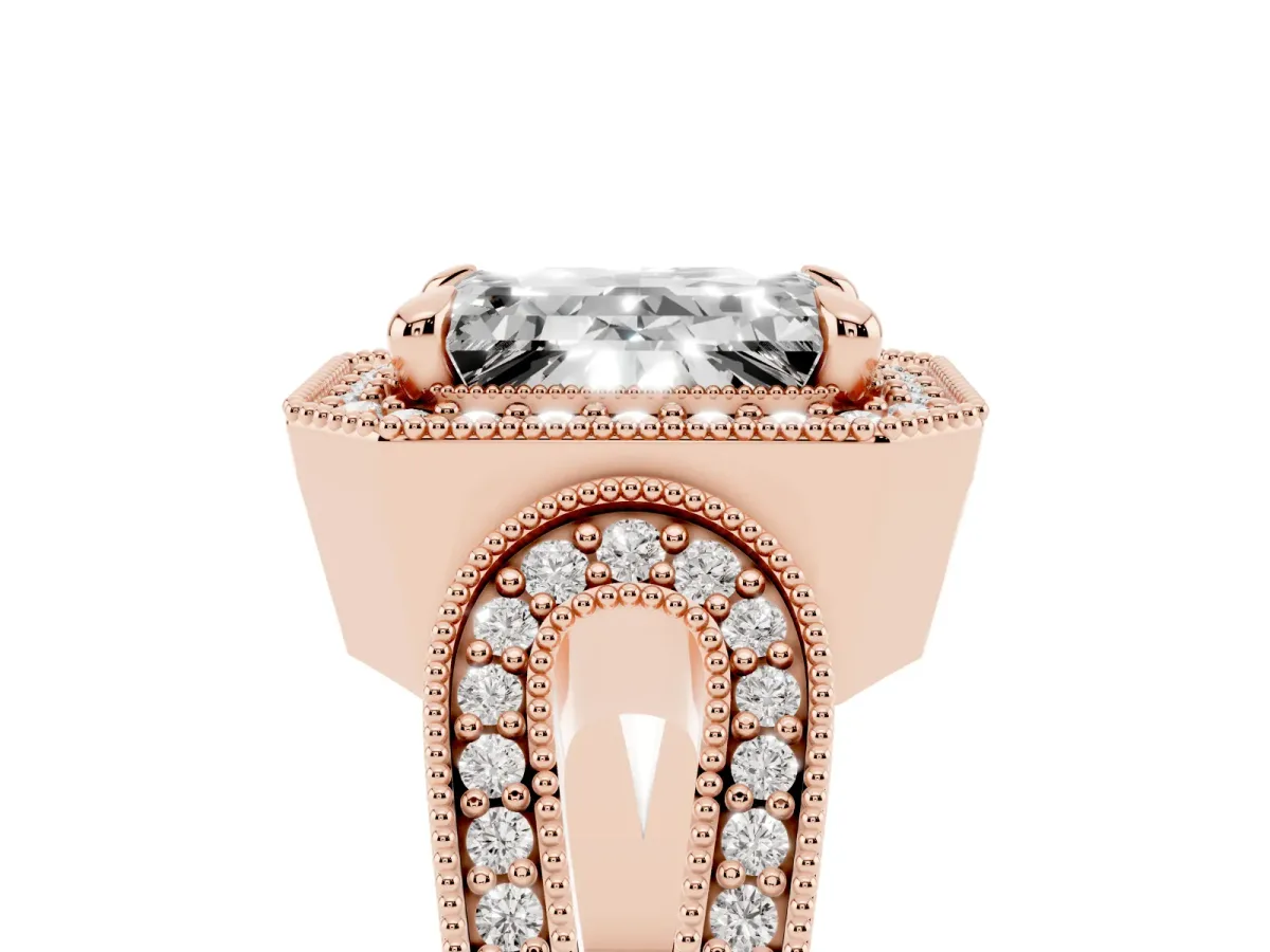 Emerald Cut Halo Split Shank Milgrain Diamond Ring Rose gold