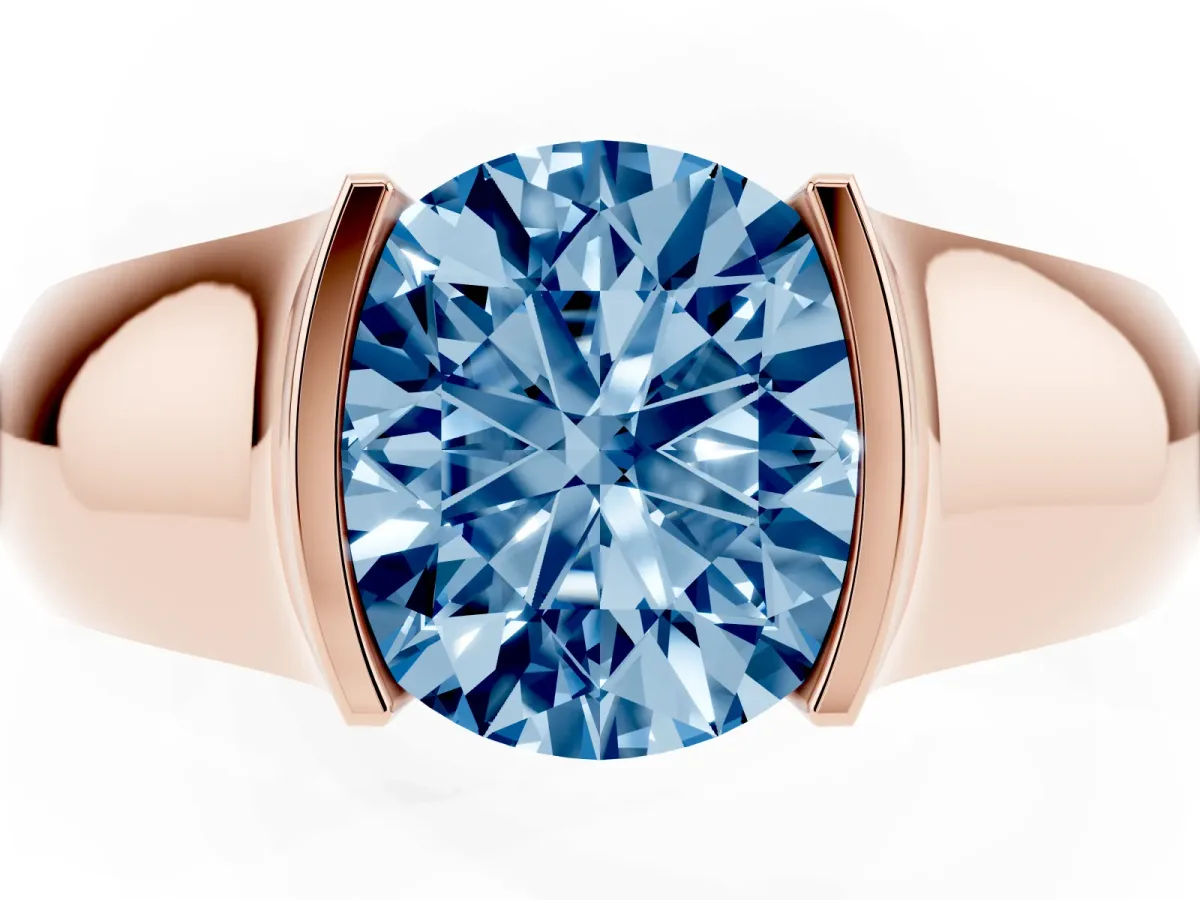 Fancy Blue Round Cut Solitaire Bezel Set Diamond Ring with Wide Band Rose gold
