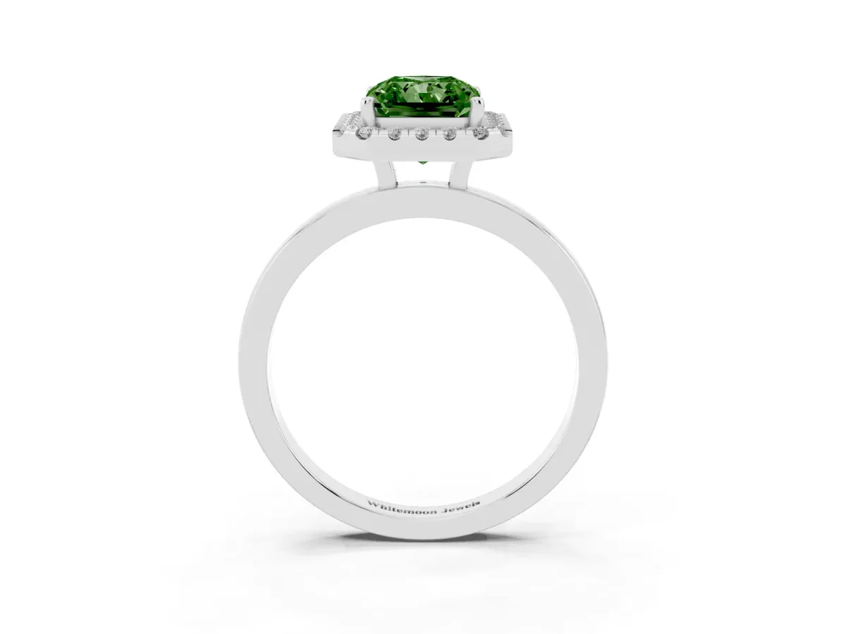 Fancy Green Radiant Cut Halo Diamond Solitaire with Pavé Band and Four-Prong Setting Platinum
