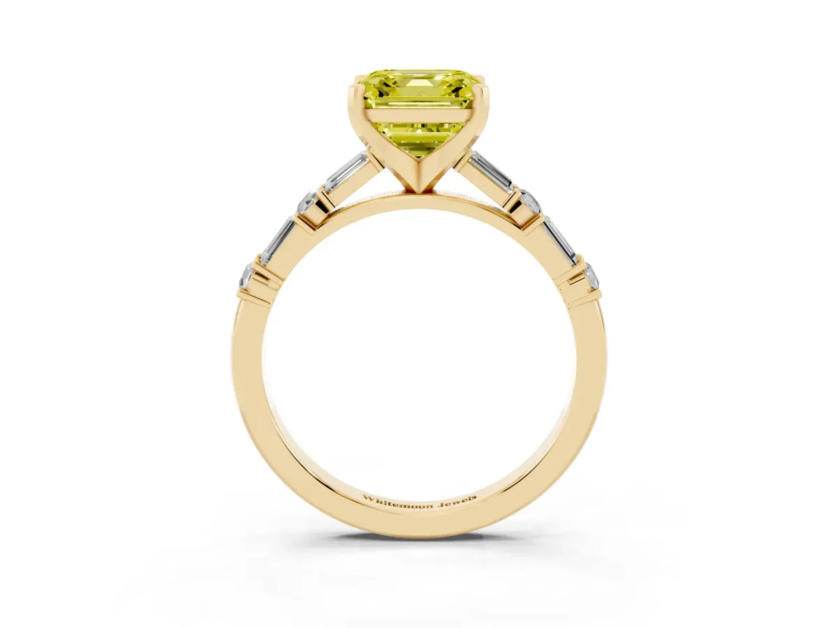 Fancy Yellow Asscher Cut Diamond Solitaire with Side Baguettes and Channel Set Band Yellow gold