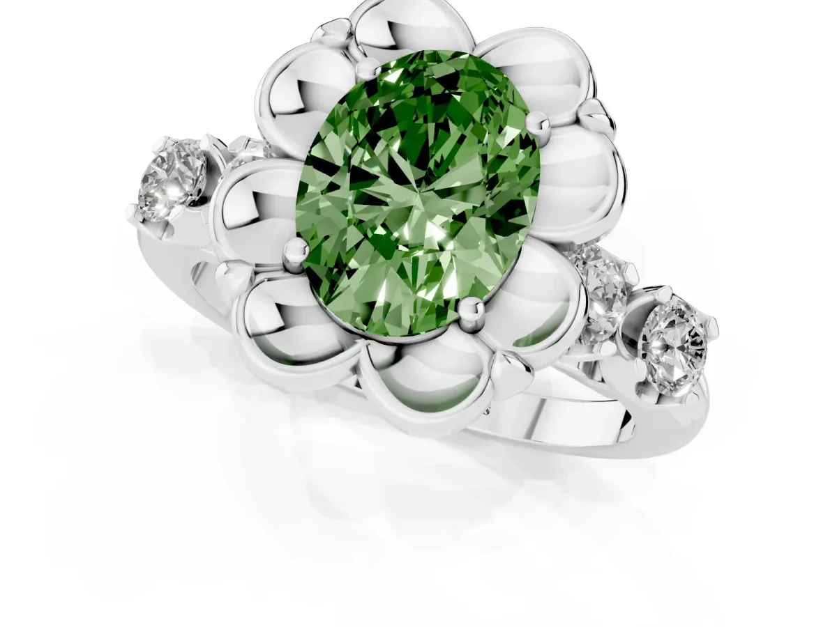 Fancy Green Oval Cut Cut Diamond Floral Halo Engagement Ring with Shared Prong Setting Silver