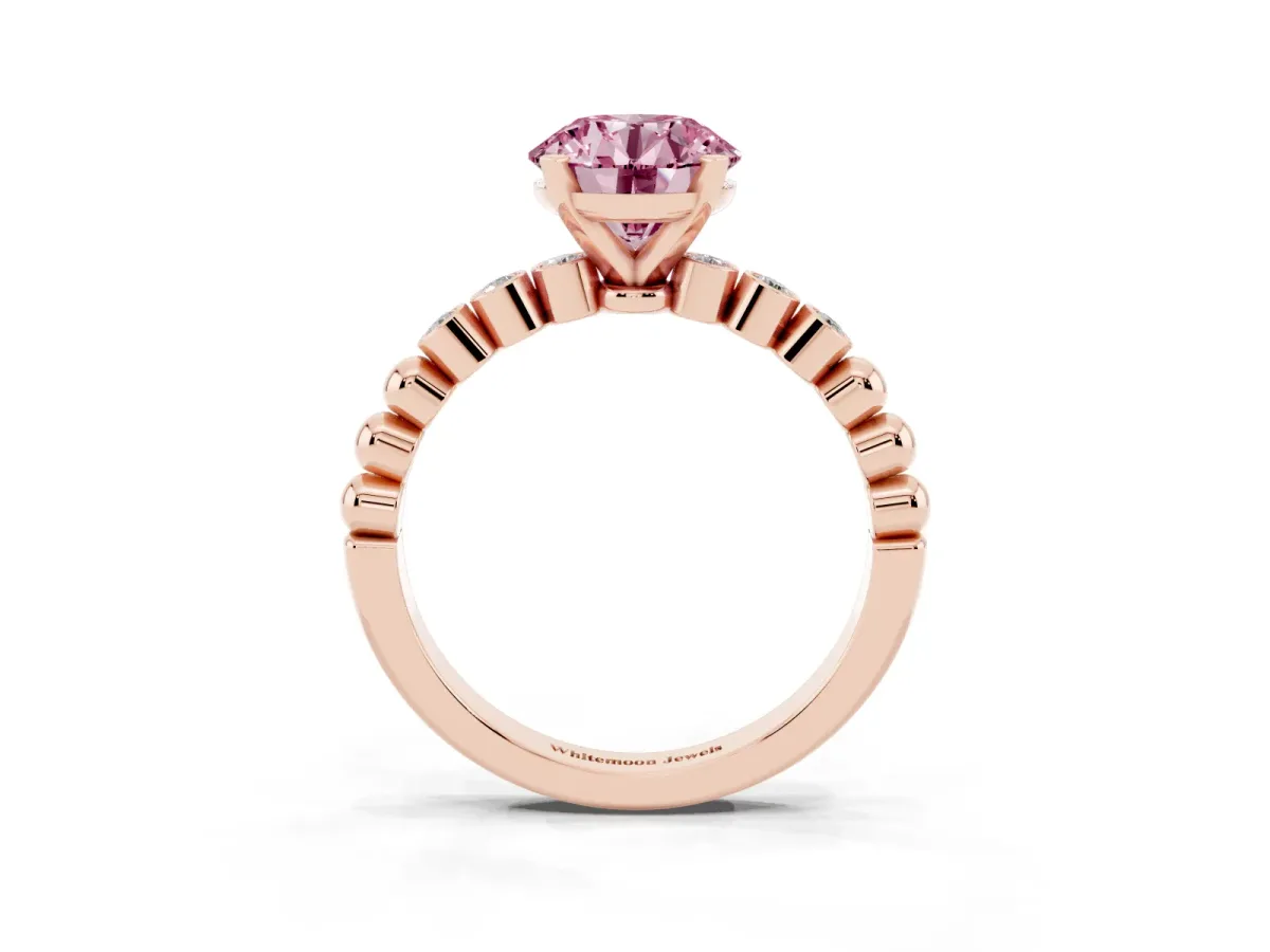 Fancy Pink Round Cut Solitaire Bezel Accent Diamond Engagement Ring with Beaded Band and Four-Prong Setting Rose gold