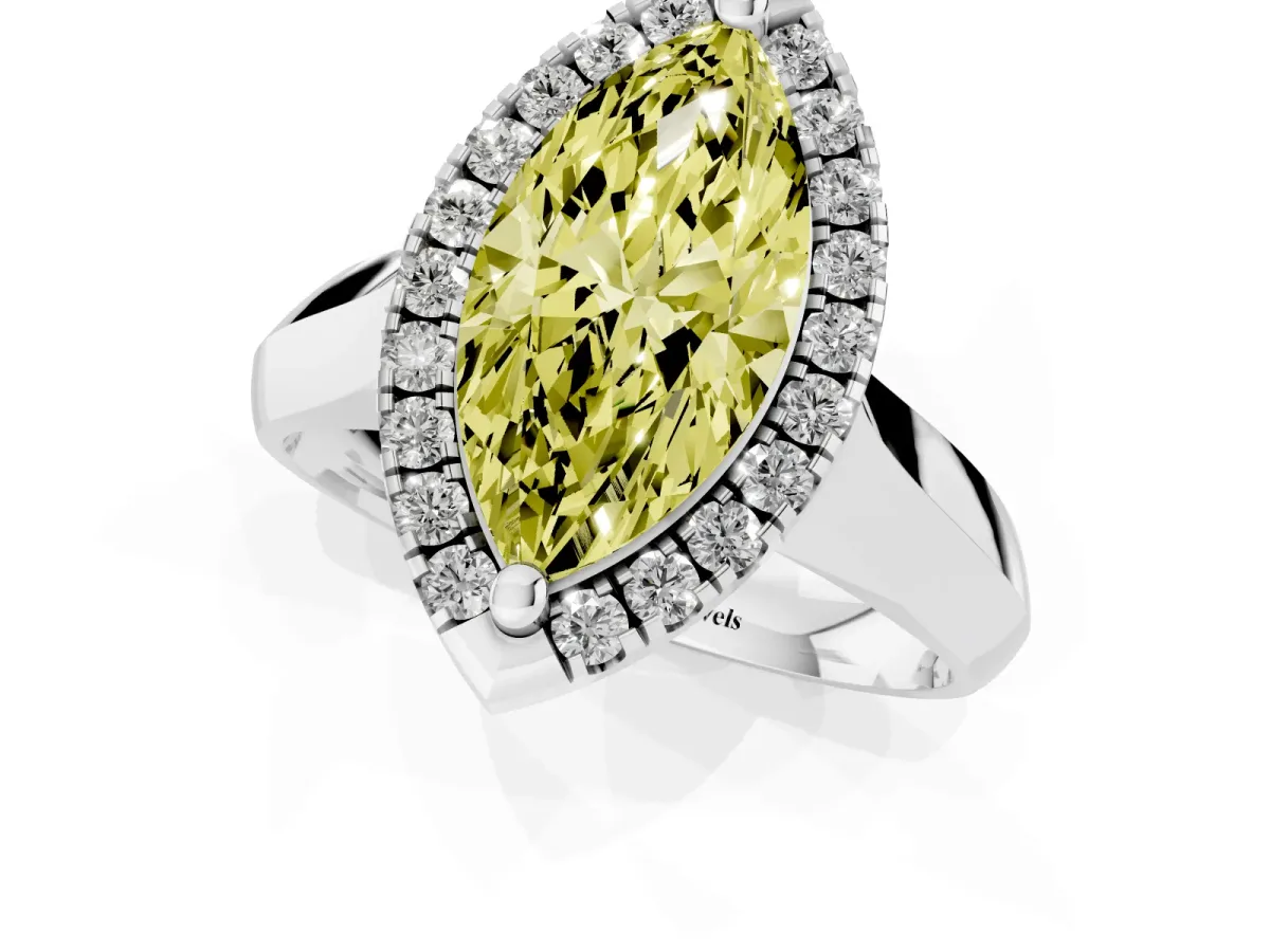 Fancy Yellow Marquise Cut Cut Halo Solitaire Engagement Ring with Square Band and Four-Prong Setting Platinum