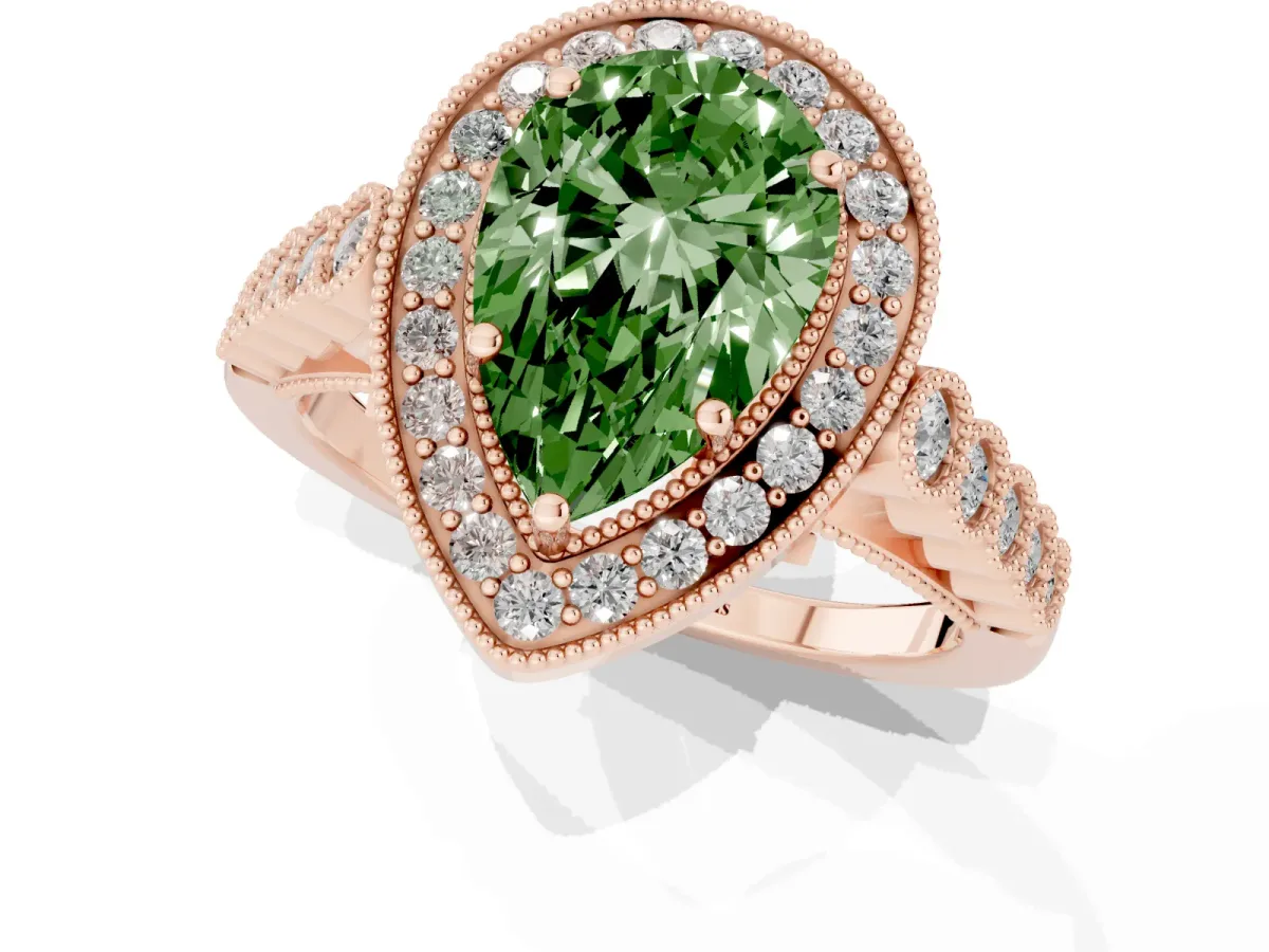 Fancy Green Pear Cut Halo Milgrain Solitaire with Bezel Set Side Stones and Pave Band Rose gold