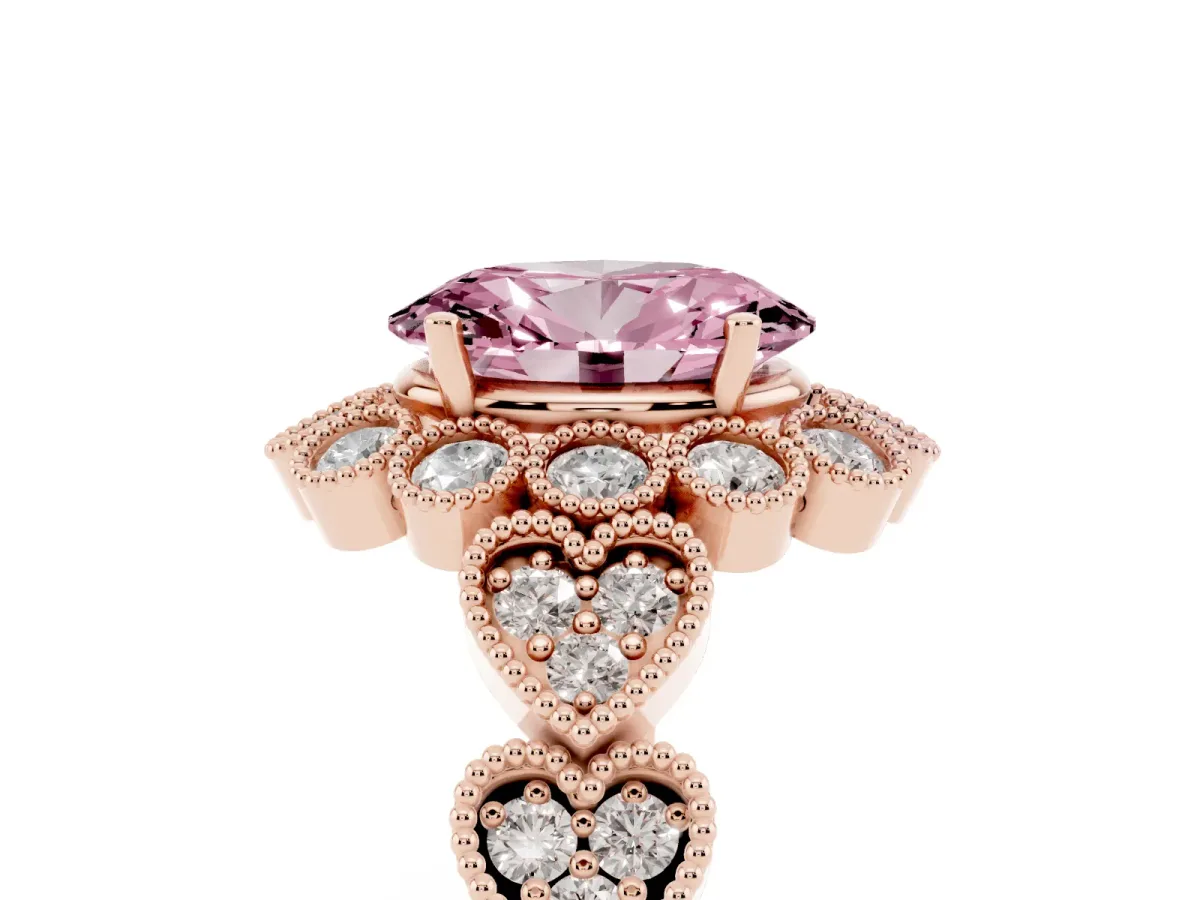 Fancy Pink Oval Cut Brilliant Milgrain Pave Heart Band Solitaire Ring Rose gold
