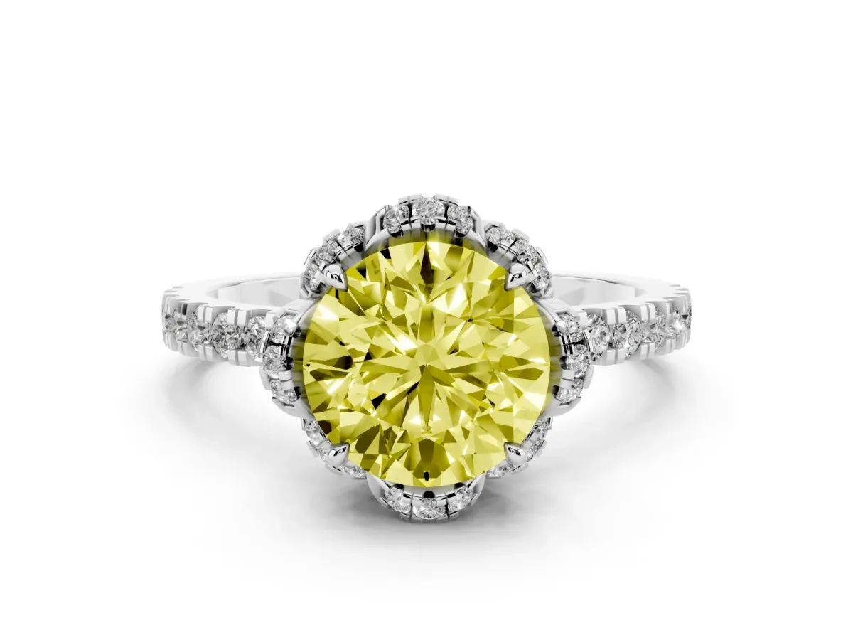 Fancy Yellow Round Cut Halo Diamond Pave Band Ring with Four-Prong Setting Silver