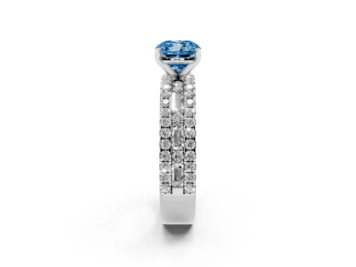 Fancy Blue Cushion Cut Diamond Solitaire Ring with Pavé and Channel Set Band Silver