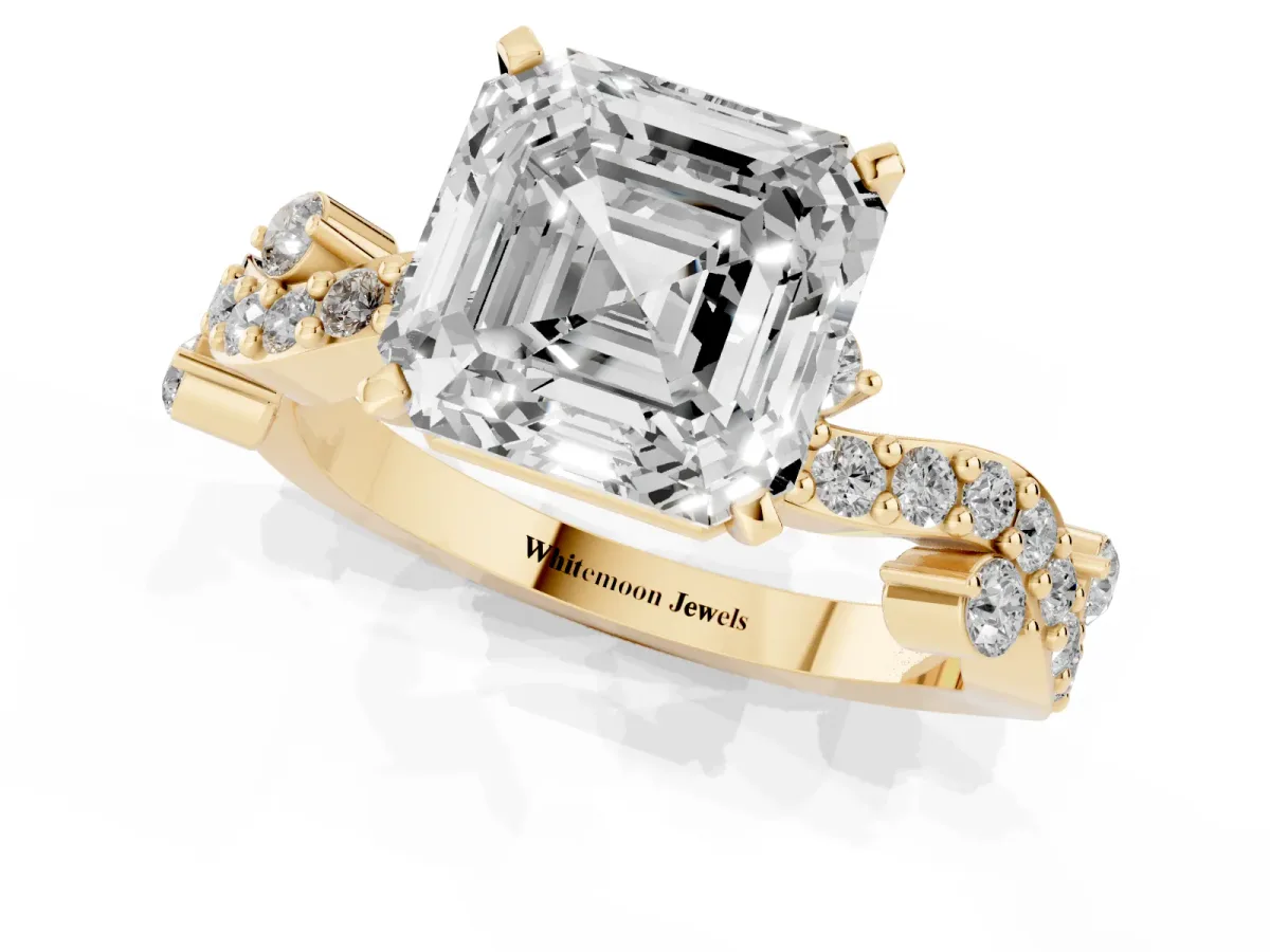 Asscher Cut Cut Solitaire Diamond Twisted Band with Pave Setting Yellow gold