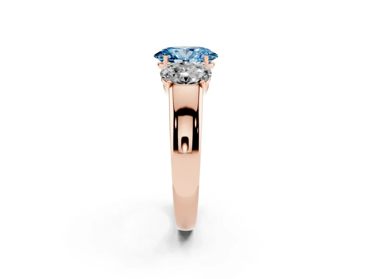 Fancy Blue Three-Stone Oval Cut Cut Diamond Ring with Prong Setting and Classic Band Rose gold