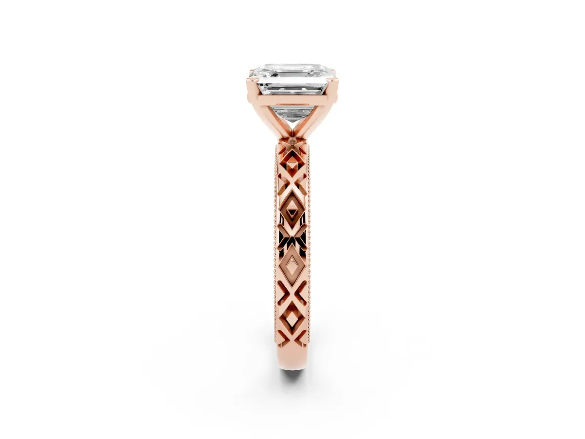 Asscher Cut Solitaire Diamond Ring with Milgrain and Black Enamel X Pattern Band Rose gold