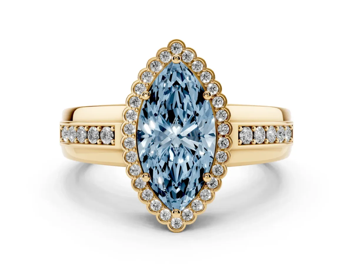Fancy Blue Marquise Cut Cut Halo Pave Band Four-Prong Ring Yellow gold