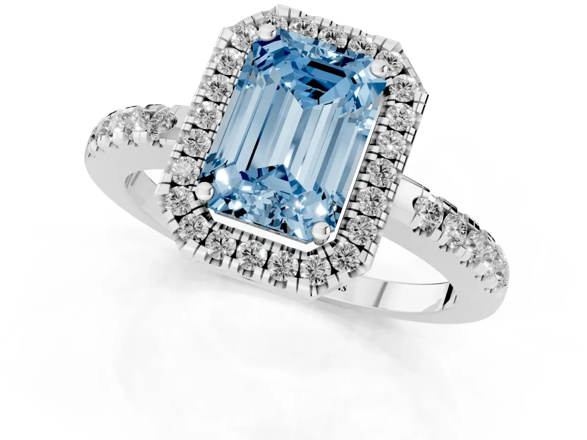 Fancy Blue Emerald Cut Halo Diamond Engagement Ring with Pavé Band and Four-Prong Setting White gold