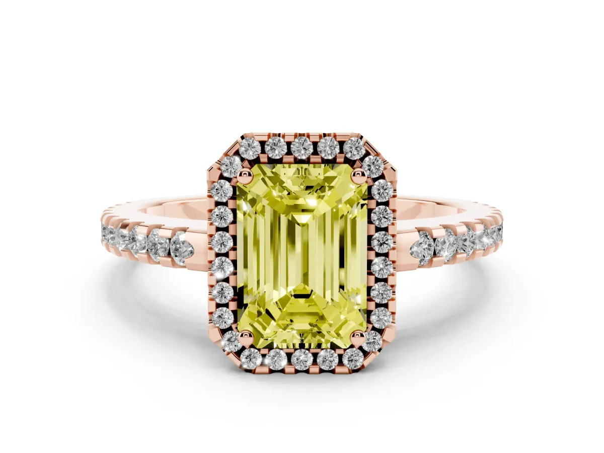 Fancy Yellow Emerald Cut Diamond Halo Engagement Ring with Pavé Band and Prong Setting Rose gold