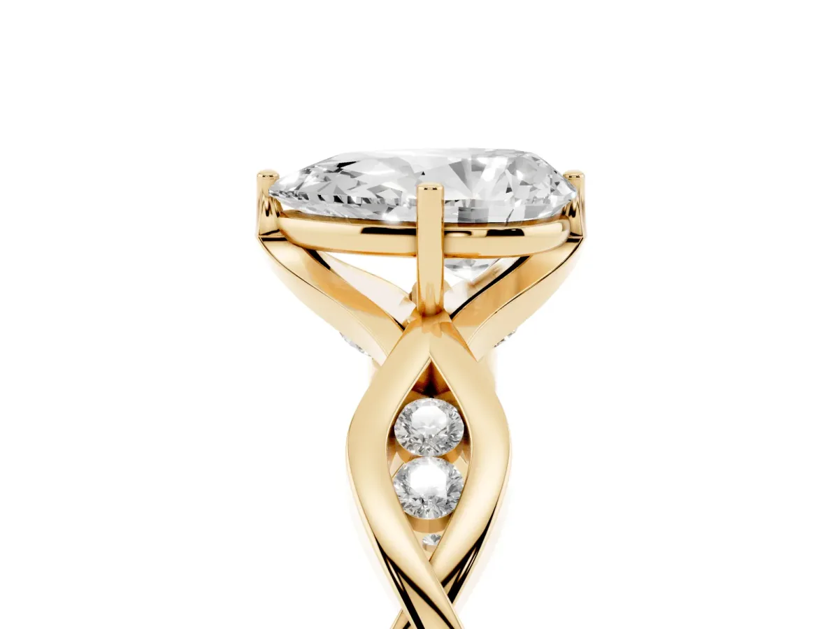 Pear Cut Solitaire Twist Band with Leaf Prong Setting Yellow gold